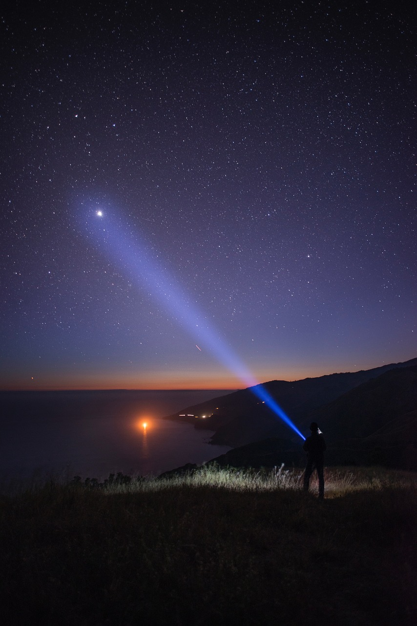 galaxy, night, stars, shooting, trees, dark, night sky, sky, nature, space, flashlight, guy, man, alone, moon